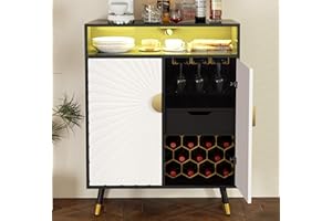 EOYUTLLY Wine Bar Cabinet with Power Outlet & LED Light, Coffee Bar Cabinet with Wine Rack & Glass Holder, Modern Liquor Cabinet with Drawer for Home Bar, Black & White