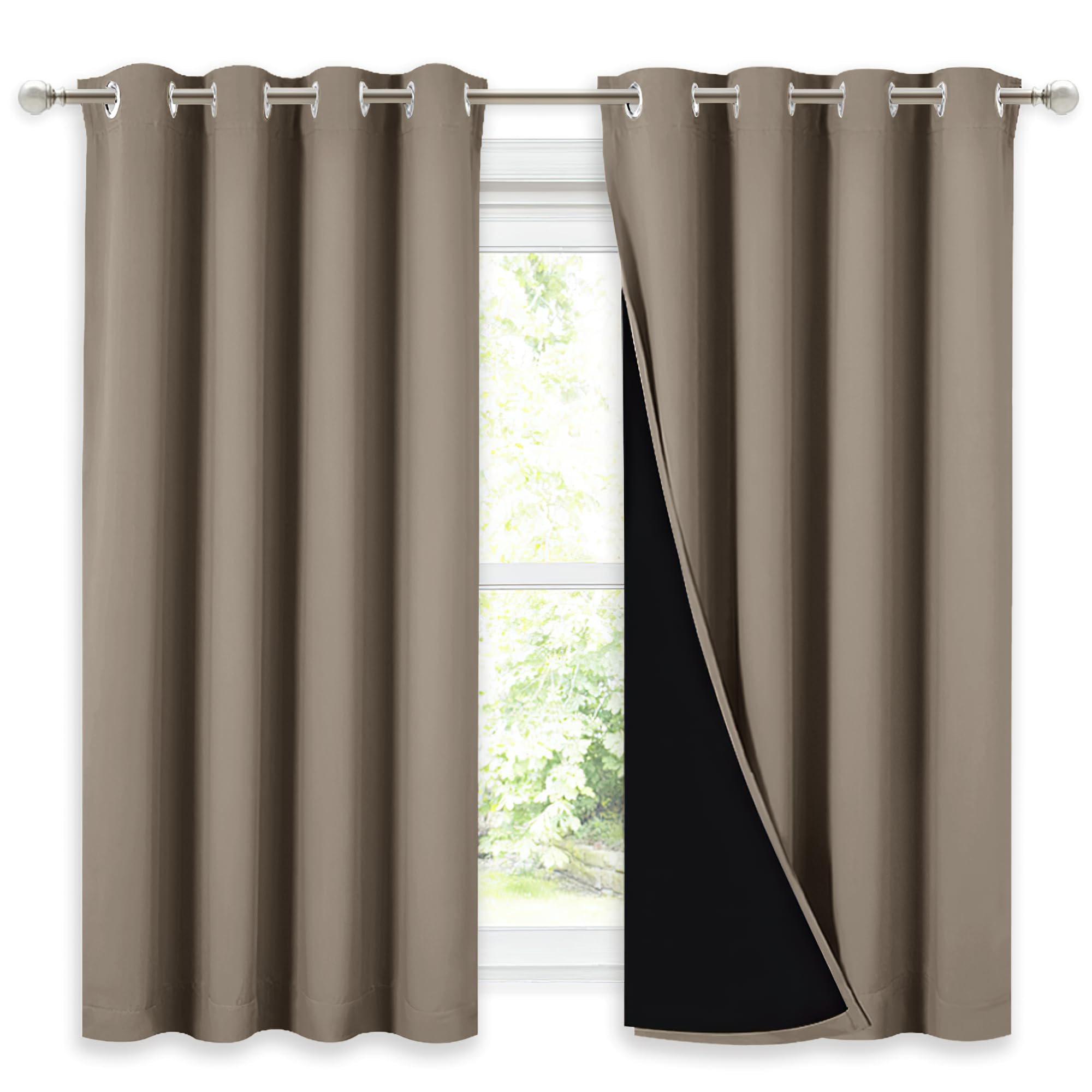 NICETOWN 100% Blackout Curtains with Black Liners, Thermal Insulated Full Blackout 2-Layer Lined Drapes, Noise Cancellation Window Draperies for Dining Room (Taupe, 2 Panels, 52-inch W by 54-inch L) Image