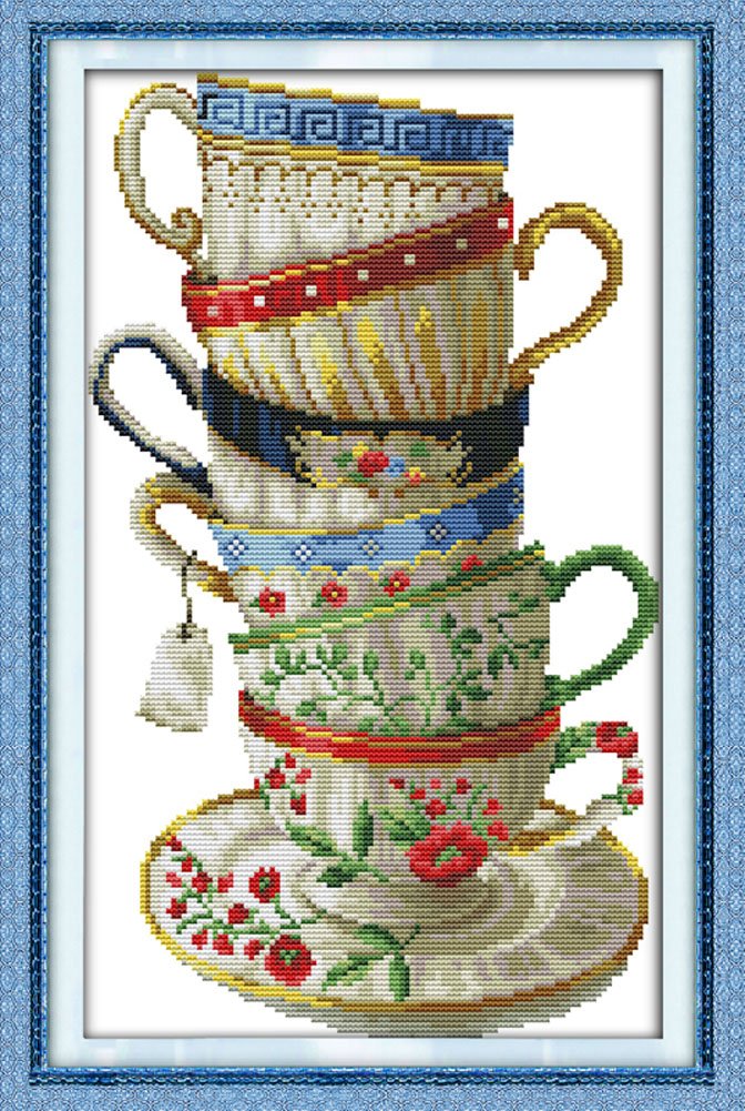 Benway Stamped Cross Stitch Kit, Embroidery Kit, Wall Decoration, DIY Gift, Six Beatiful Coffee Cups 11 Count 35x54cm