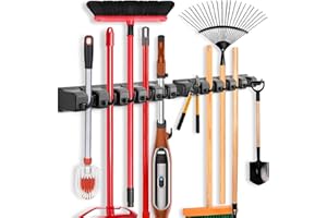 2-Pack Wall-Mounted Mop & Broom Holder – Heavy-Duty Tool Organizer with 5 Slots & 6 Hooks, Garage, Kitchen, Laundry, Garden S