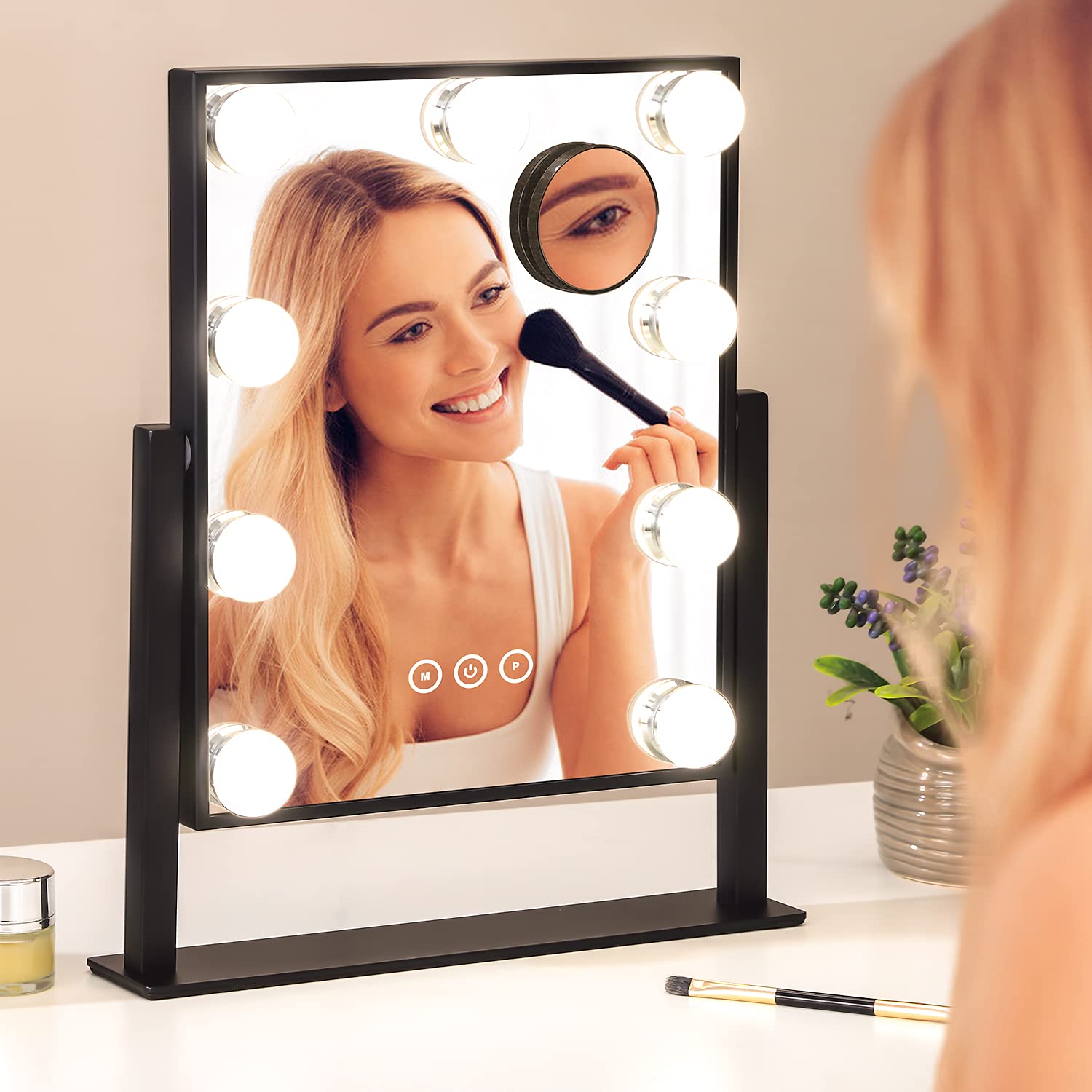 Vanity Mirror with Lights,Makeup Mirror with Lights with 9 Dimmable LED Bulbs, 3 Color Lighting Modes Detachable 10X Magnification Mirror Touch Control,360°Rotation
