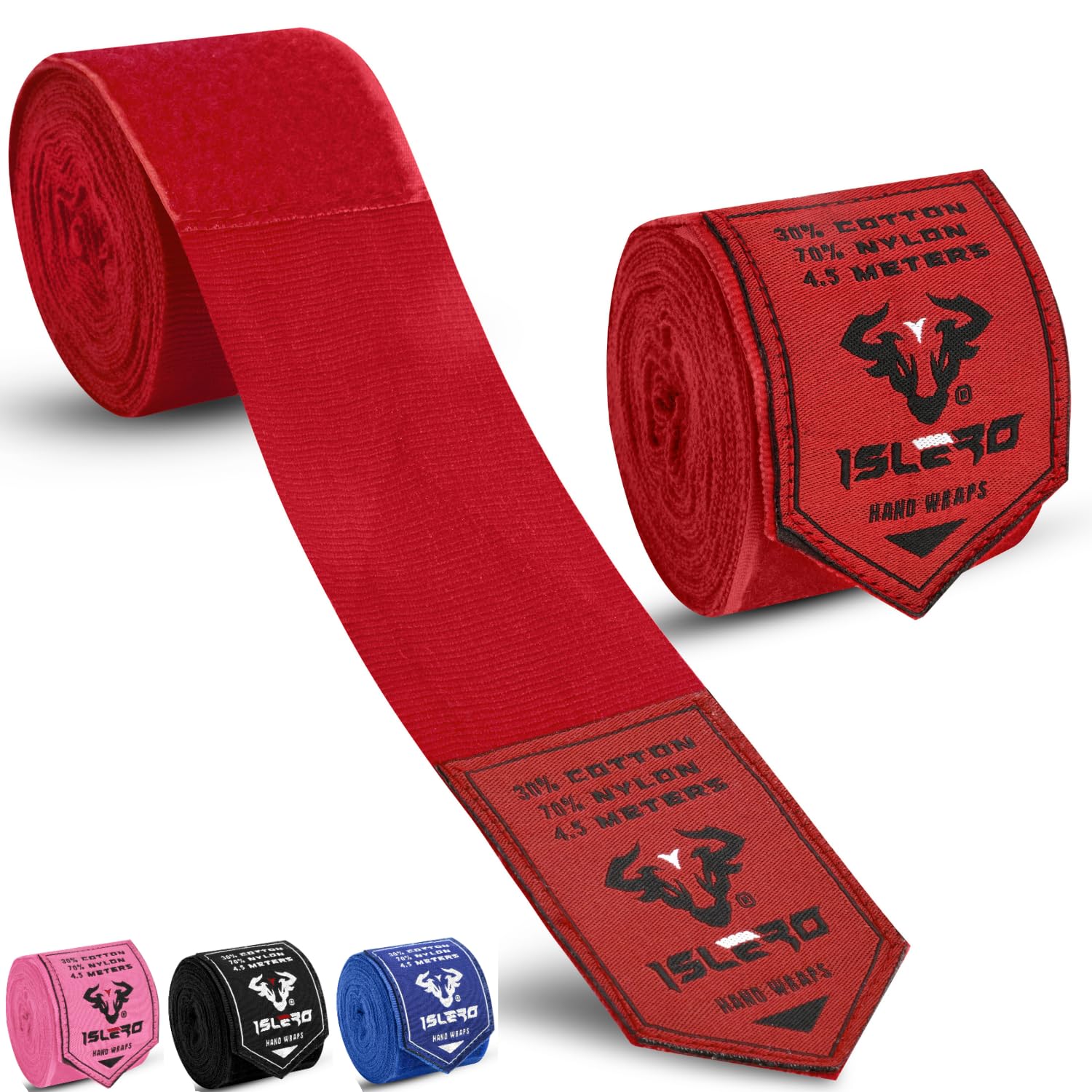 Islero 4.5m Boxing Hand Wraps Inner Gloves Elasticated Fabric Thumb Loop Bandages Straps Wrist Protection Muay Thai MMA Kickboxing Martial Arts Speed Bag Punching Training (Red)