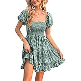Veatzaer Women's Puff Sleeve Square Neck Smocked Babydoll Dress Boho Floral Print Off Shoulder Ruffle Mini Short Dress
