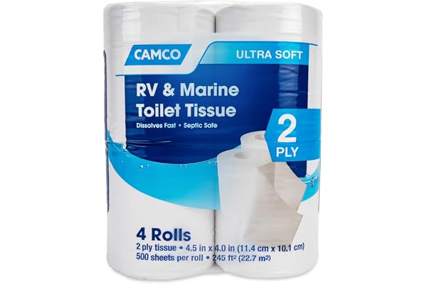 Camco Marine & RV Toilet Paper — 2-Ply — Septic Safe — Dissolves Fast — Dye & Fragrance Free — 4-Rolls (500 Sheets Per Roll)