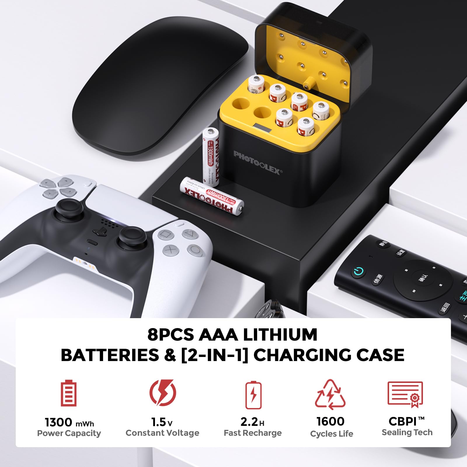 PHOTOOLEX AAA Akkus wiederaufladbar Lithium 8 Stück mit Ladegerät, 1300mWh hohe Kapazität 1,5V hohe Ausgangsleistung Dreifach A Li-ion Batterie, 1600+ Zyklen AAA Akku mit Schnellladegerät 5