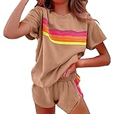 KVOTUU Summer 2 Piece Sets for Women Rainbow Striped Outfits Casual Tops Short Sleeve Matching Shorts Outfit Travel Tracksuit