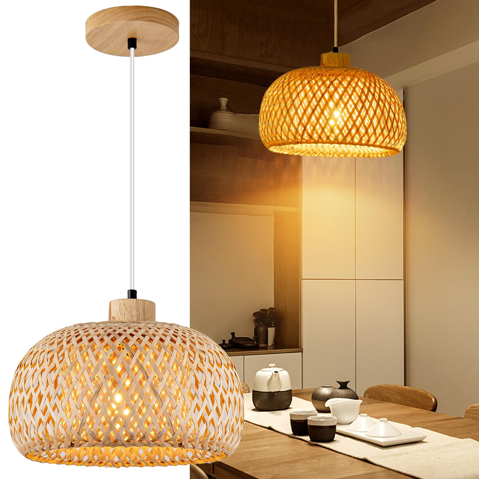 Mikeru Vintage Bamboo Pendant Light, 30cm Hand Woven Pendant Light, LED Farmhouse Bohemian Chandelier, Natural Rattan Fixture for Tea Room, Living Room, Kitchen Island