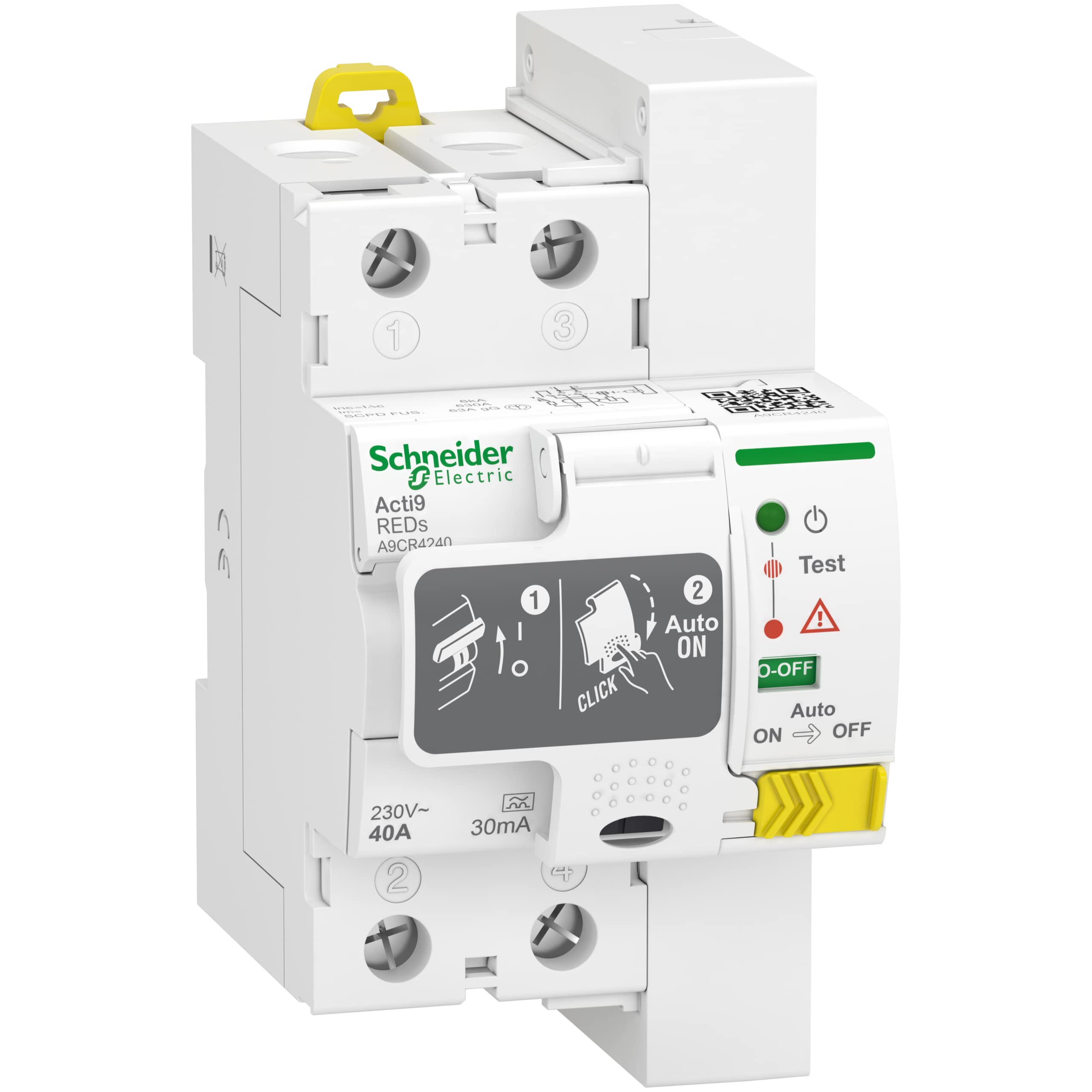 Schneider Electric Resettable Mains Differential Switch, 2-Pole, Nominal Current 40A, Ground Leakage Sensitivity 30mA, Class A, 8.2 x 5.3 x 10.7 cm, Grey (Reference: A9CR4240)