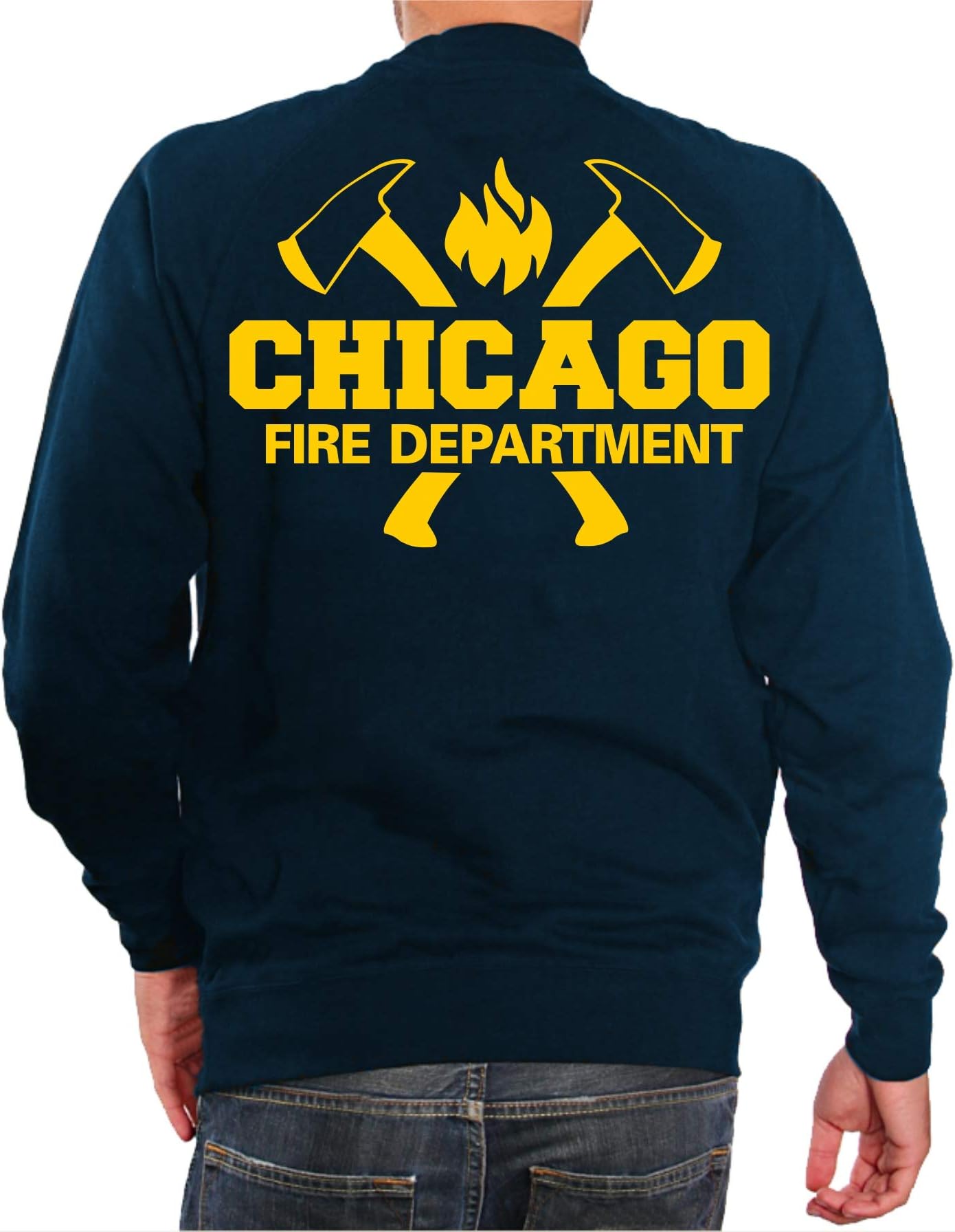 Sweatshirt Navy, Chicago Fire Dept. with axes and standard emblem in yellow.