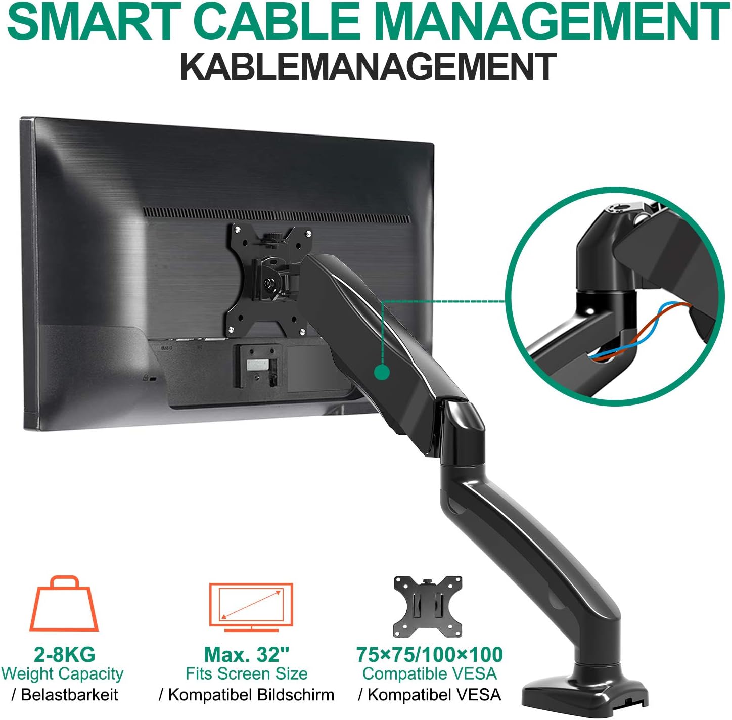 ELIVED Single Monitor Arm for Most 13-32 Inch Monitors with VESA 75x75/100x100mm up to 10KG - Image 5