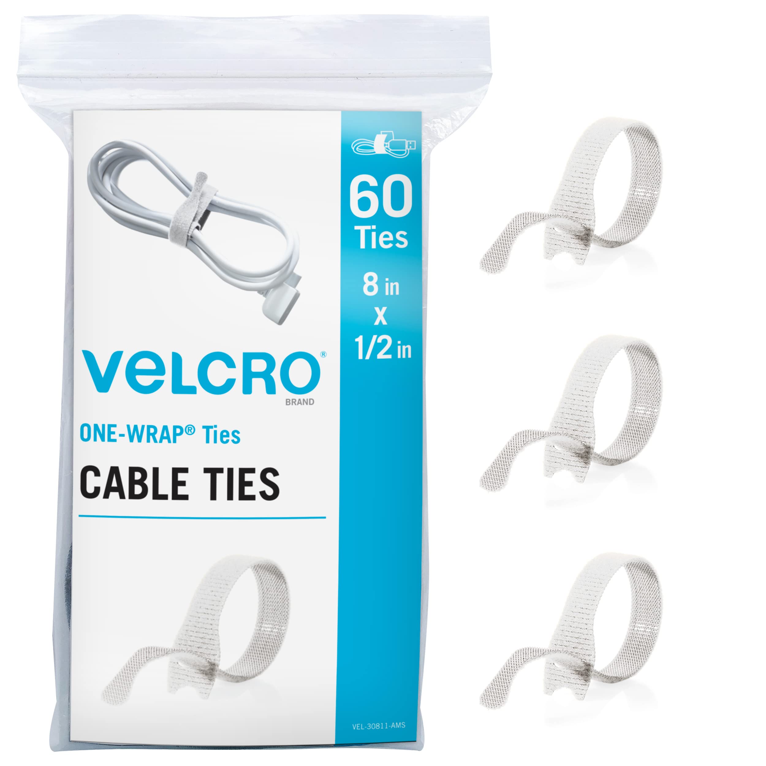 Velcro Brand White Cable Ties Heavy Duty | 60Pc Bulk Pack | 8 x 1/2" ONE-WRAP Straps | Strong Reusable Wire Management | Cord Bundling for Home Office and Data Centers
