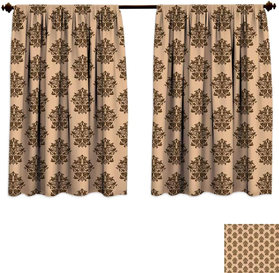 Damask Grommet Curtains 63 Inches Long Peach Olive Green Pattern