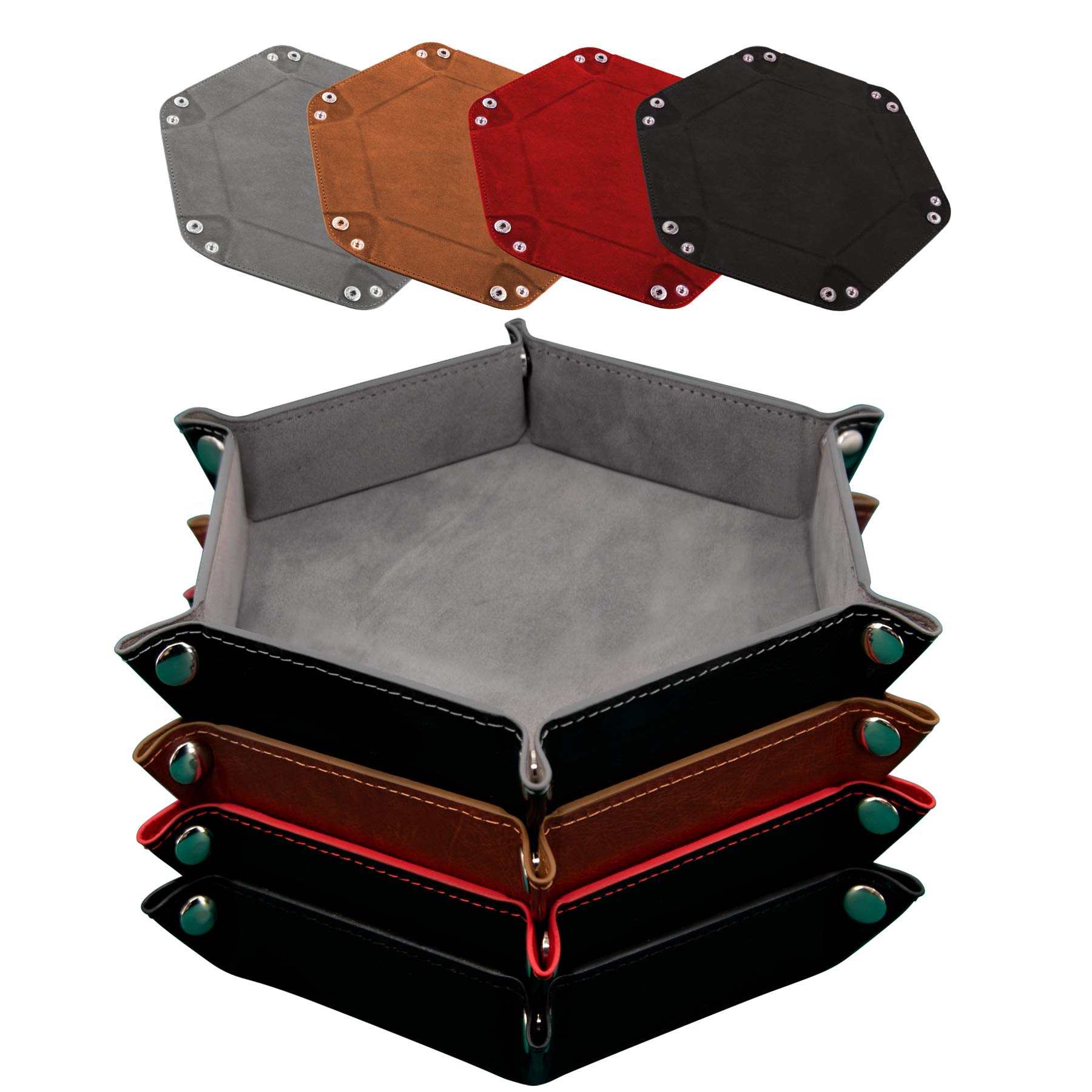 SIQUK 4 Pieces Dice Tray Hexagon PU Leather and Velvet Dice Folding Tray Holder for Dice Games like RPG, DND, and Other Table Games, Grey, Camel, Red and Black