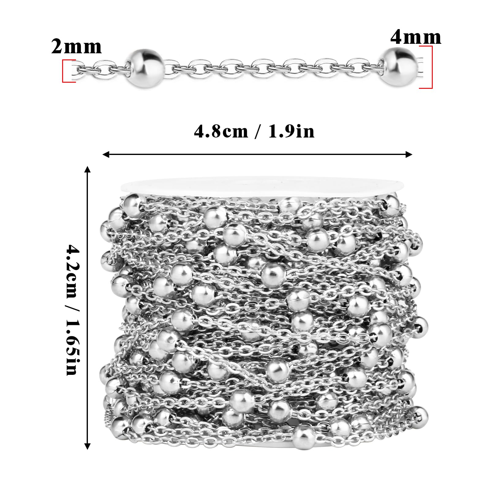 33 Feet Stainless Steel Satellite Bead Chains Roll, 2mm 304 Stainless Steel Ball Beaded Cable Link Chains Spool Bulk for Jewelry Making DIY Craft