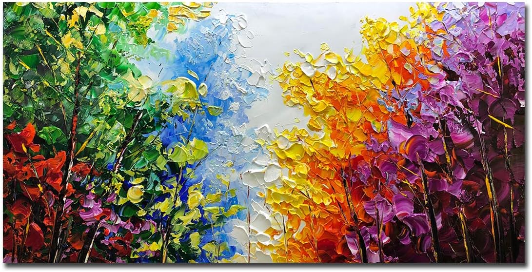 Paintings - V-inspire Art, 30x60 inch Modern Abstract Oil Painting on Canvas Wall Art Hand Painting Bright-Coloured Tree Art Living Room Bedroom Decoration Ready to Hang