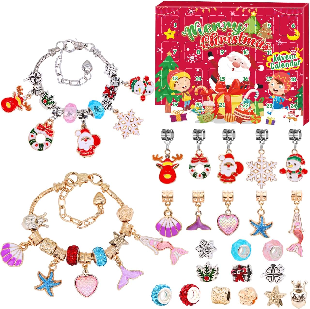 Advent Calendars - ZMLM Christmas Advent-Calendar Bracelet for Girl: Christmas Themed for 24 Days Countdown with 2 Bracelets Making Kit and 22 DIY Charm Beads for Kids Best Gifts for Age 3-14 Girls Teens Toddler