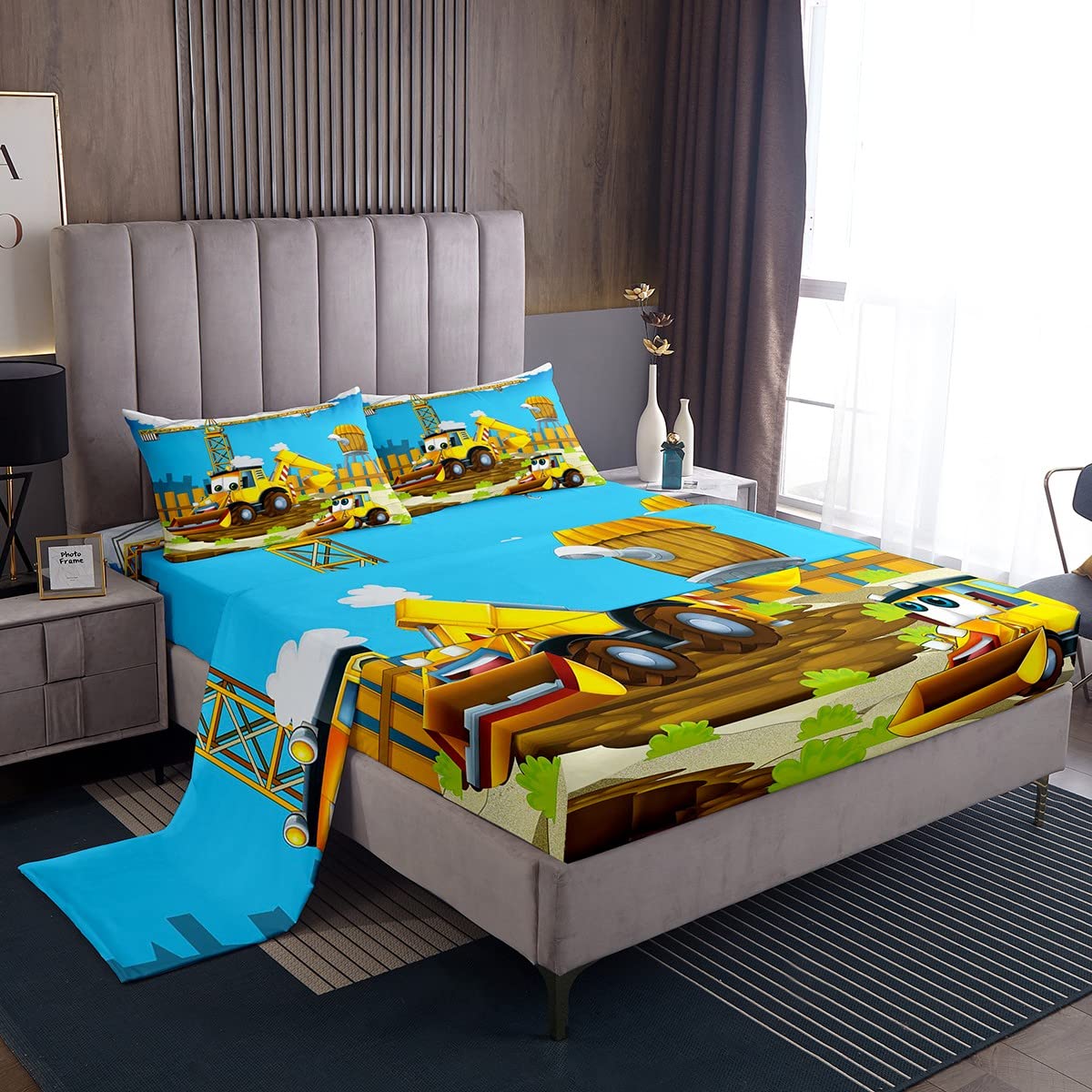 Kids Equipment Trucks Sheet Set Cartoon Construction Bulldozer Fitted Sheet for Women Men Bedroom Machinery Cars Bed Sheets Set Construction Site Bed Sheet Set with Deep Pocket Single
