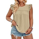 VISLILY Womens-Plus-Size-Summer-Tank-Tops Ruffle Cap Sleeveless T Shirts Crewneck Swiss Dot Blouses Pleated Casual Tee