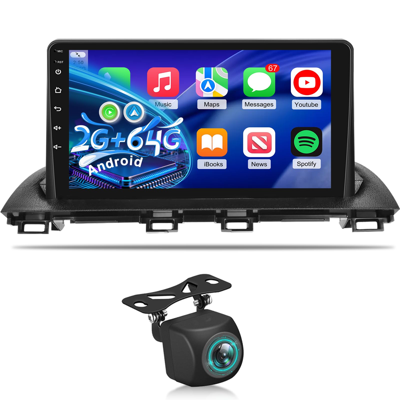 Photo 1 of 2+64G Android Car Radio for Mazda 3 Grand Touring Sport/Sedan 2014-2019 - Wireless Carplay/Android Auto - 9 Inch Touchscreen Radio with Equalizer, WiFi, GPS, SWC, Mirror Link + AHD Backup Camera
