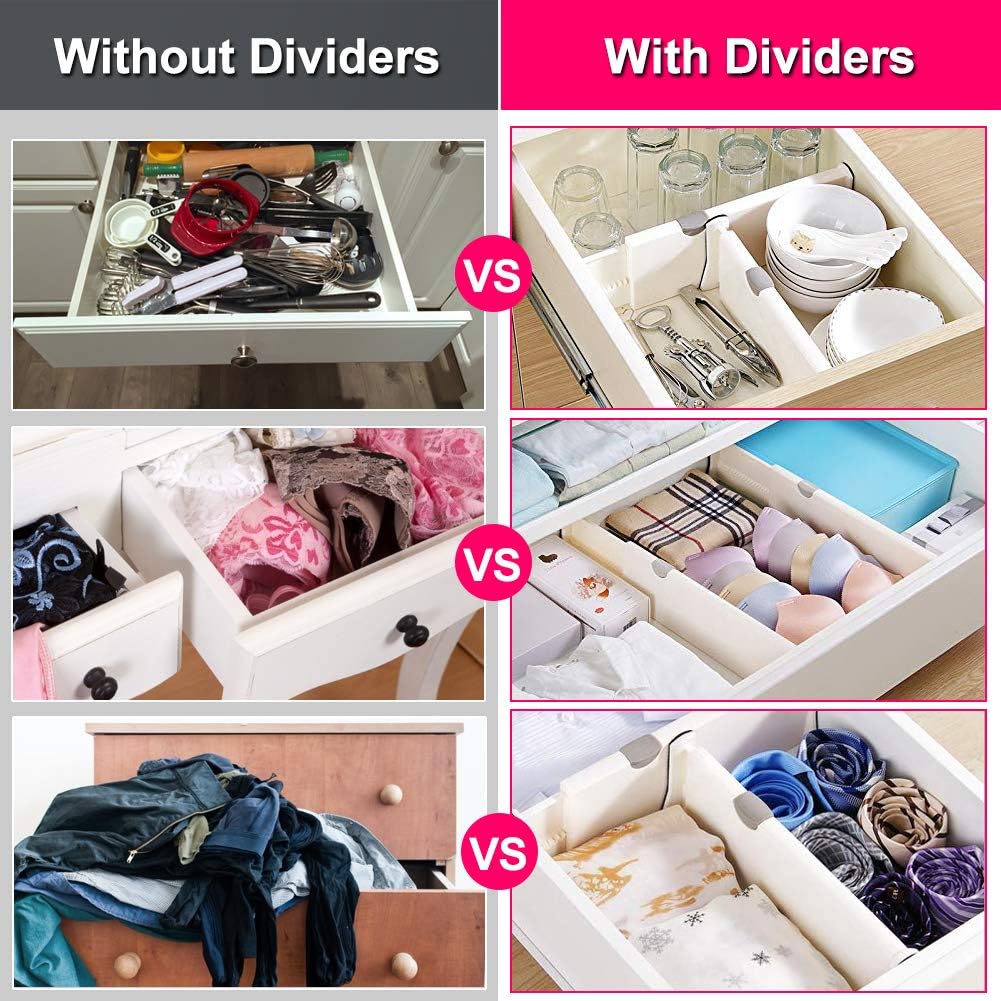 Drawer Dividers Organizer 5 Pack, Adjustable Separators 4" High Expandable from 11-17" for Bedroom, Bathroom, Closet,Clothing, Office, Kitchen Storage, Strong Secure Hold, Foam Ends, Locks in Place: Home & Kitchen