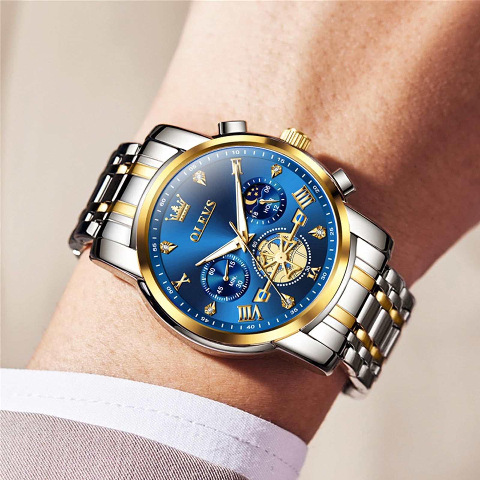 OLEVS Herren-Armbanduhr mit Zeitcode, Edelstahlarmband, Leuchtend, wasserdicht, multifunktional, Unterzifferblatt, Business-Kleid, Quarz, rund, Luxusuhren für Herren, 2856, zweifarbiges Armband mit 4