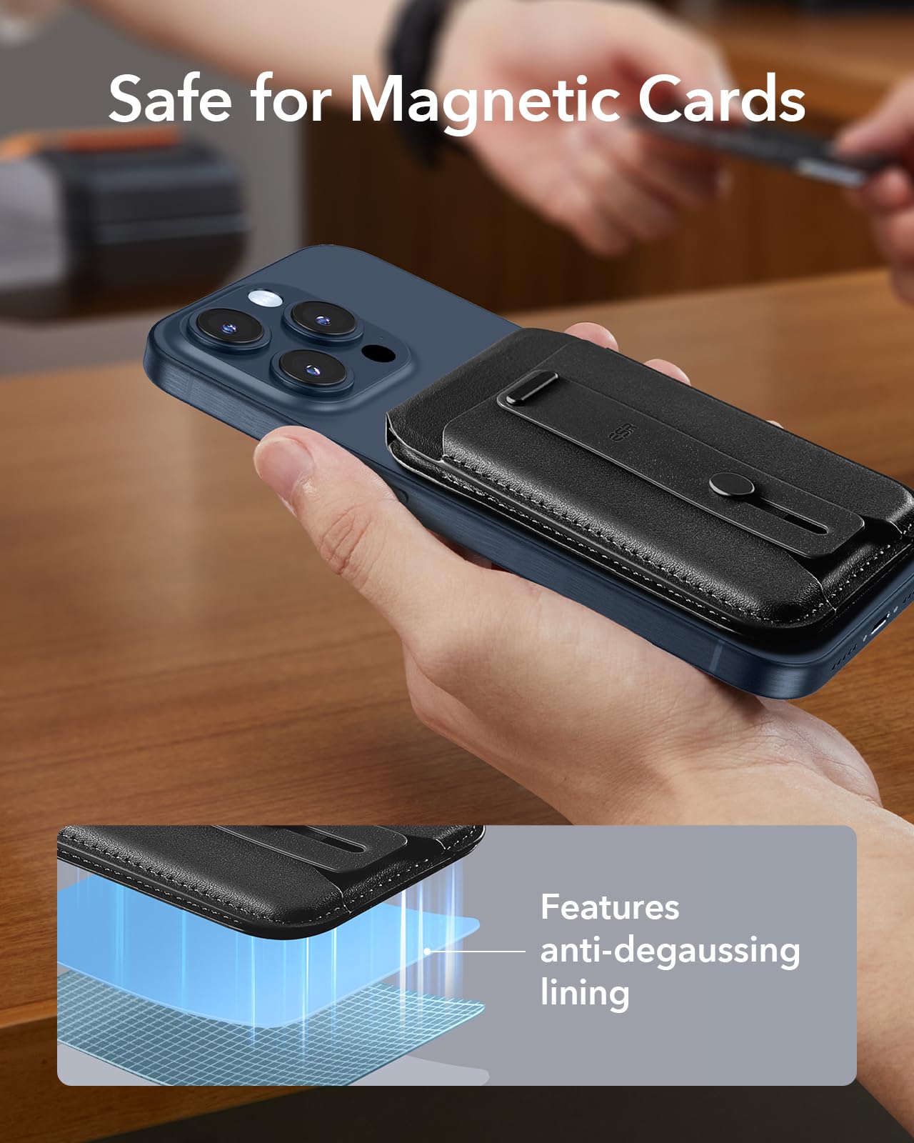 ESR Upgraded for MagSafe Wallet, 5 Card Holder with Adjustable Stand, Secure Grip Finger Loop, Magnetic Wallet for iPhone 17/16/15/14/13/12, Not for Mini, Not Find My Compatible, Black