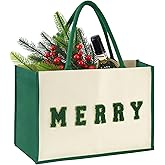 15.5" Canvas Large Christmas Gift Bags with Handles, Reusable Chenille Merry Patches Grocery Shopping Xmas Gift Bags for Women Men Kids Family, Green Holiday Santa Goody Wrapping Bags for Party Favor