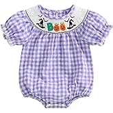 NEVUQO My First Halloween Baby Girl Outfit Newborn Pumpkin Patch Romper Short Sleeve Doll Collar Smocked Plaid Bubble Romper