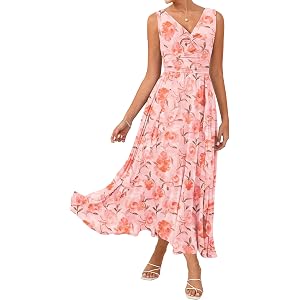 GRACE KARIN Women's Summer Floral Maxi Dress Formal Wedding Guest Dress | Sleeveless, V Neck Twist Front,Ruffle Flowy a Line,