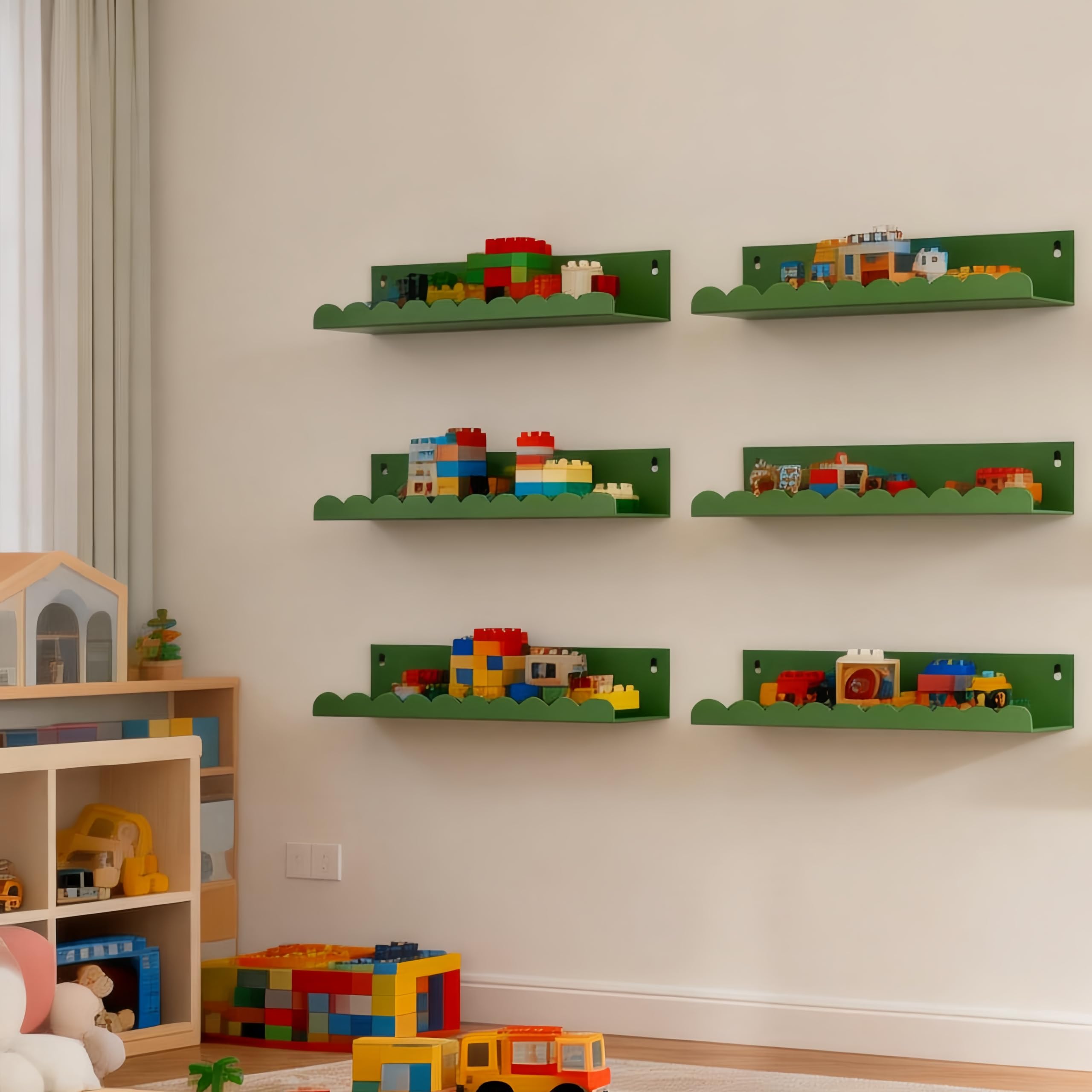 FESTLOVE Nursery Book Shelves Set of 6, Green Metal Floating Shelves for Wall, 16 Inch Scalloped Book Shelf for Kids Room, Bathroom, Bedroom, Playroom Wall Decor & Storage