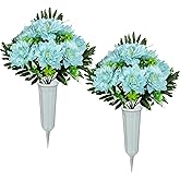 XONOR Artificial Cemetery Flowers for Grave, Set of 2 Artificial Dahlia Bouquet Memorial Flowers with Vase for Outdoor Cemetery Graveyard Decoration (Blue)