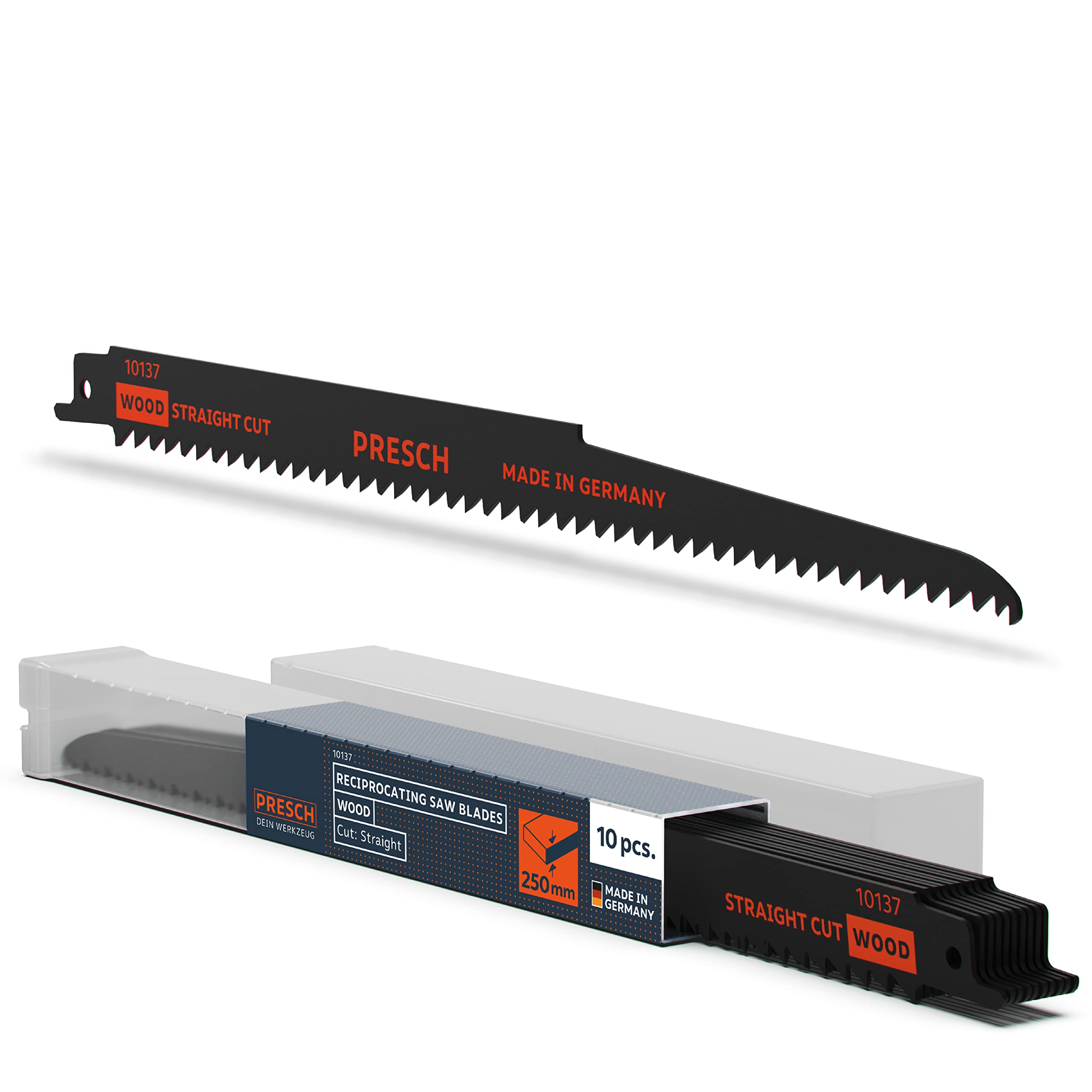 Presch Reciprocating Saw Blades Wood 280mm 10 pcs (Long) - Cut 6-250mm - For Wood PVC Pipes etc. - Universal Shaft Sabre Saw Edges Set incl. Box
