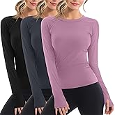Velvelhall 3 Pack Women's Workout Shirts Long Sleeve Raglan Slim Fit Crew Neck Athletic Yoga Basic Tops with Thumb Holes
