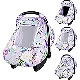 CARUILI Car Seat Cover Baby Girl, Warm Winter Carseat Cover for Baby, Purple Floral Infant Car Seat Canopy with Peep Window, for Protecting Baby from Wind & Sun, Kick-Proof & Windproof