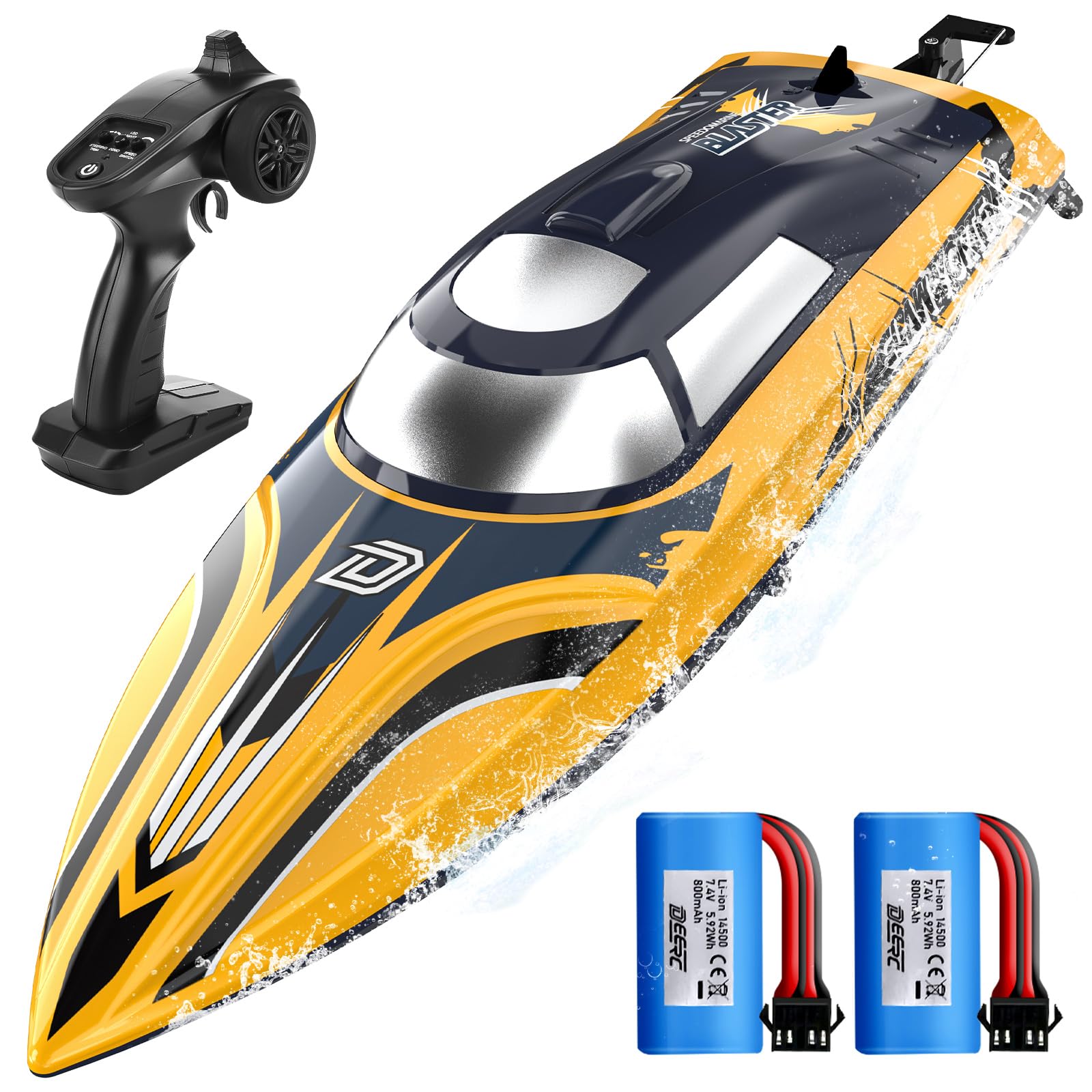 DEERC 14" Fast RC Boat with LED Lights, 30+ Mins, 20+MPH, Self-righting Remote Control Speed Boat for Pool & Lake, Claw-Streak Paint, Summer Water Toy Gift for Adults & Kids