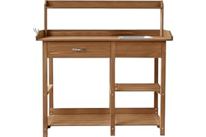 Yardenaler Outdoor Wood Potting Bench, Garden Horticulture Workstation with Removable Stainless Sink, Shelves, Drawers & Hooks, Natural Wood