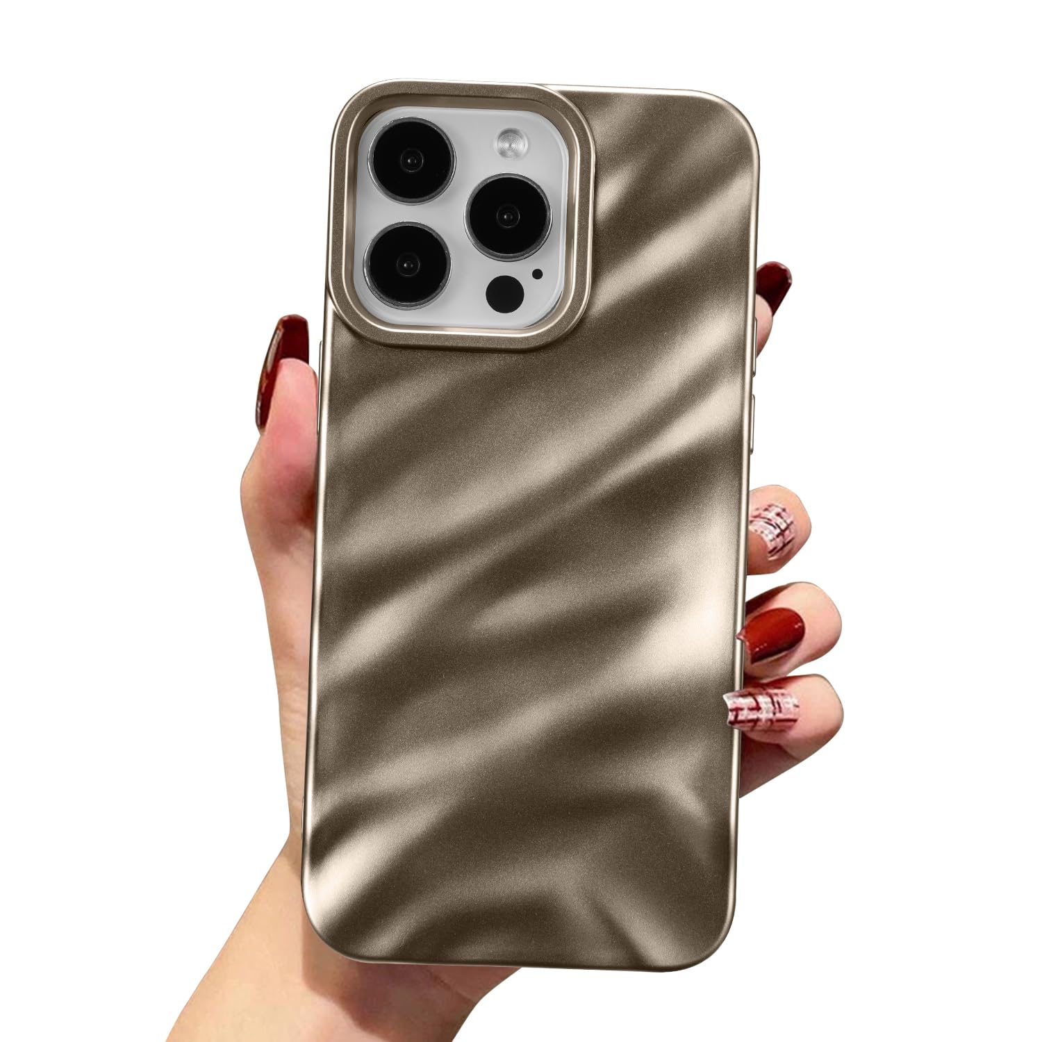 QLTYPRI Compatible with iPhone 15 Pro Case, Cute Wave Water Ripple Pattern Case for Girls Women, Slim Satin Glossy Soft Silicone TPU Bumper Shockproof Protective Phone Cover - Desert Gold