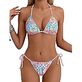 Tainehs Women's Sexy Halter Bikini Set Triangle Top String Swimwear Two Piece Swimsuits Cheeky Bathing Suit
