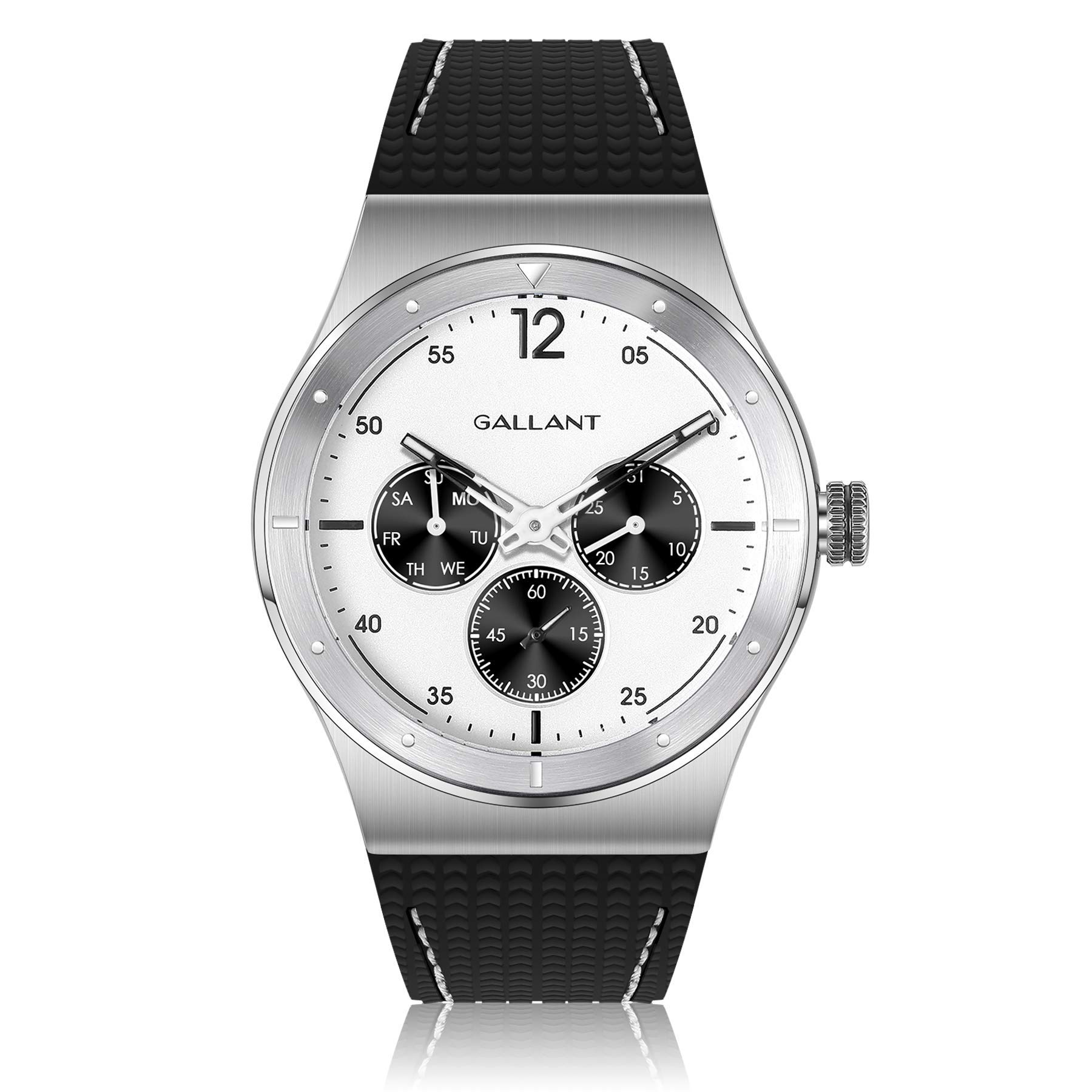 G GALLANT Mens Stainless Quartz Watch with Silicone Strap Unisex Wristwatch 40mm Casual Watch for Men Waterproof Calendar Black Stylish Couple Gift