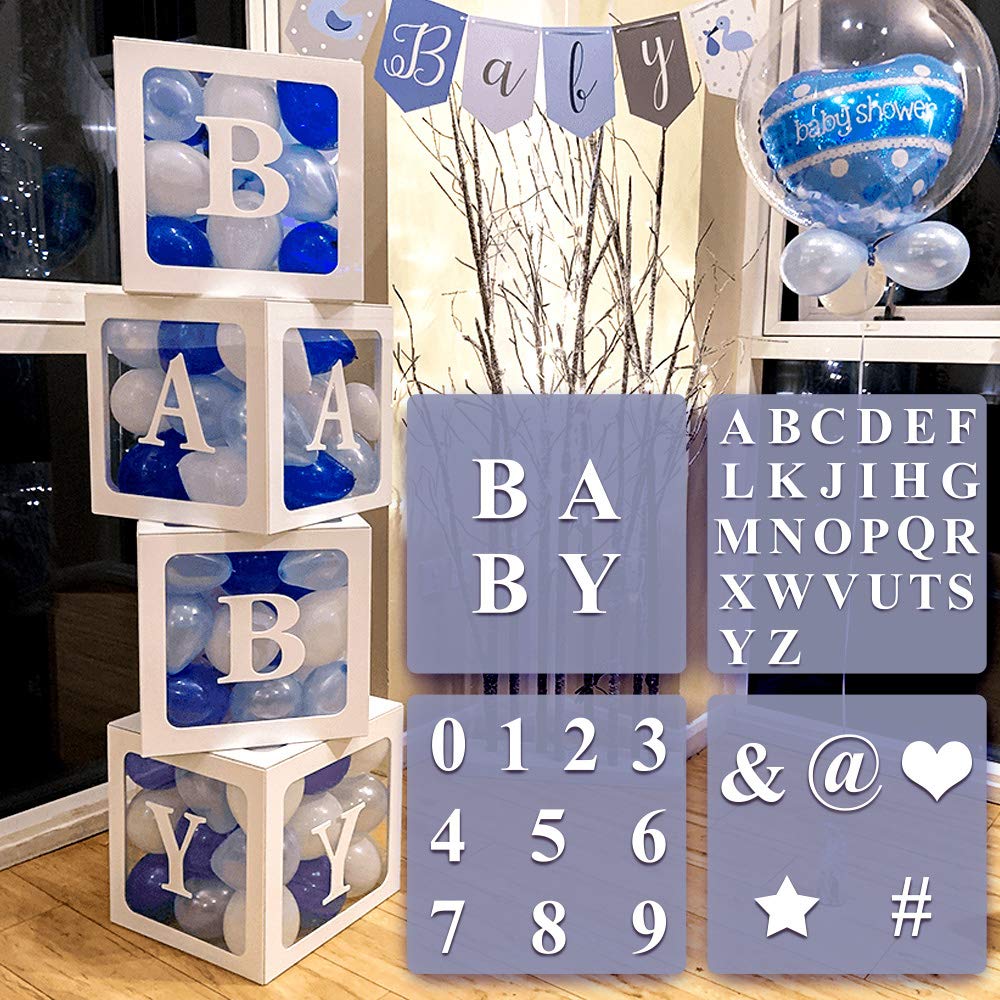 4 pcs White Transparent Balloons Boxes with 30 Letters 10 Numbers 5 Symbols, 49 pcs Party Decorations Kit Supplies, Boys Girls Birthday Baby Shower Gender Reveal Decoration Backdrop, Photo Props