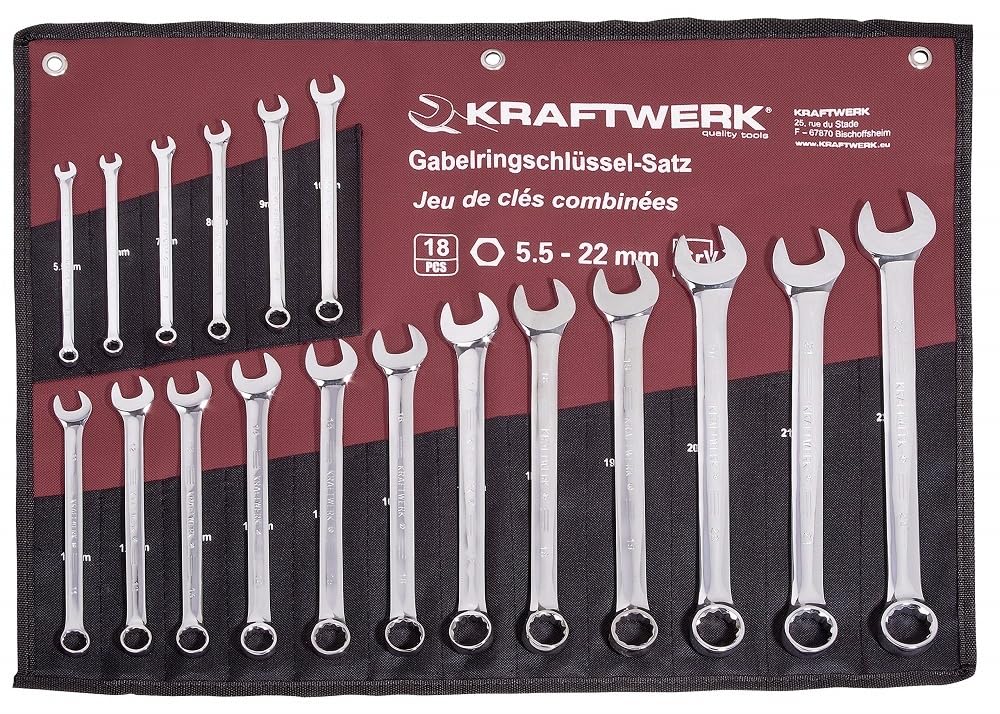 Kraftwerk 3557R Ring Spanner Set 5–22 MM Fully Polished 18–Piece Set in Tool Roll