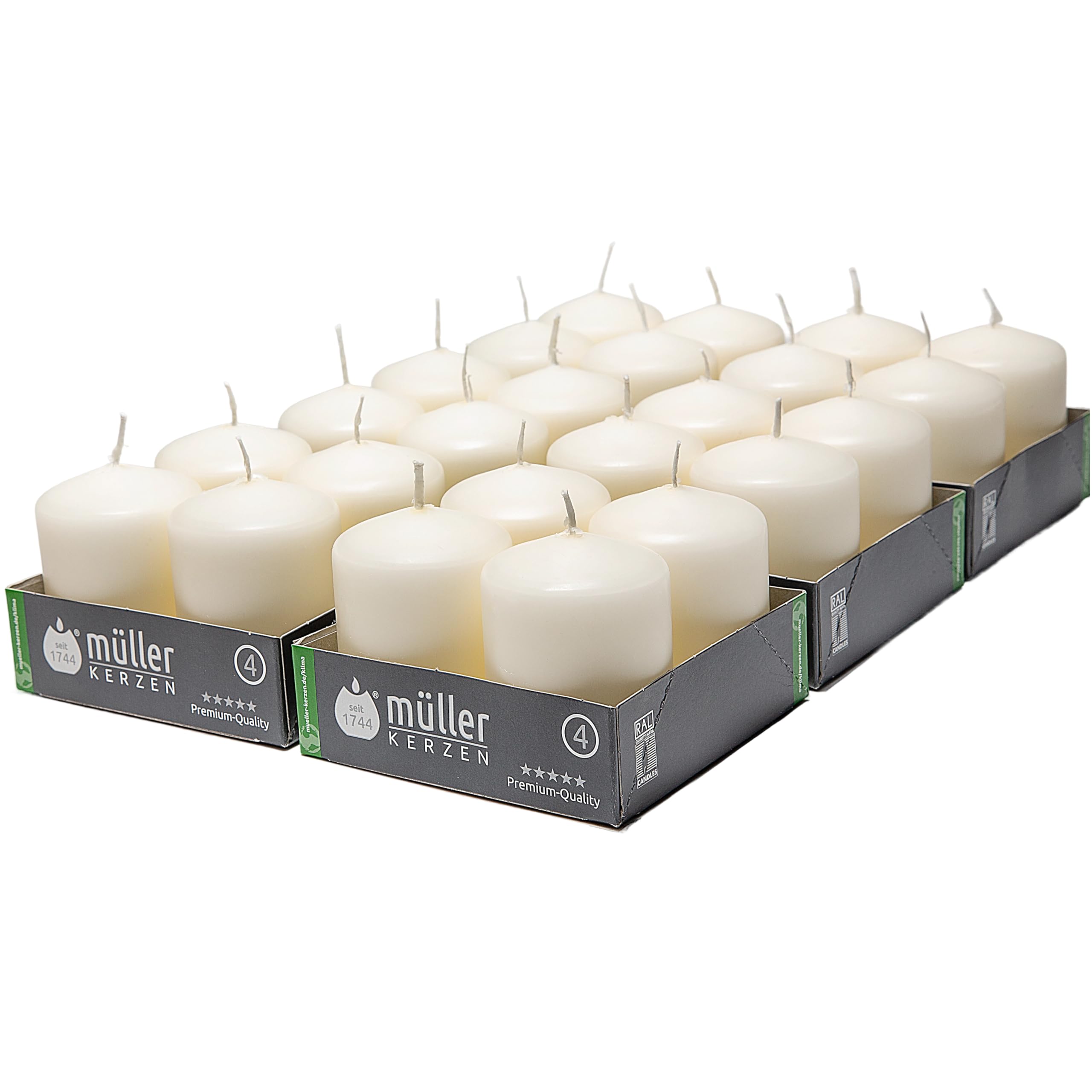 Müller Ivory Pillar Candle - Pack of 24 Unscented Small Candles - 4,8 x 6,2 Cm - 10 Hours Burn Time Candles for Decoration - No Drip Wax - Smokeless Wick - RAL Quality - Made in Germany