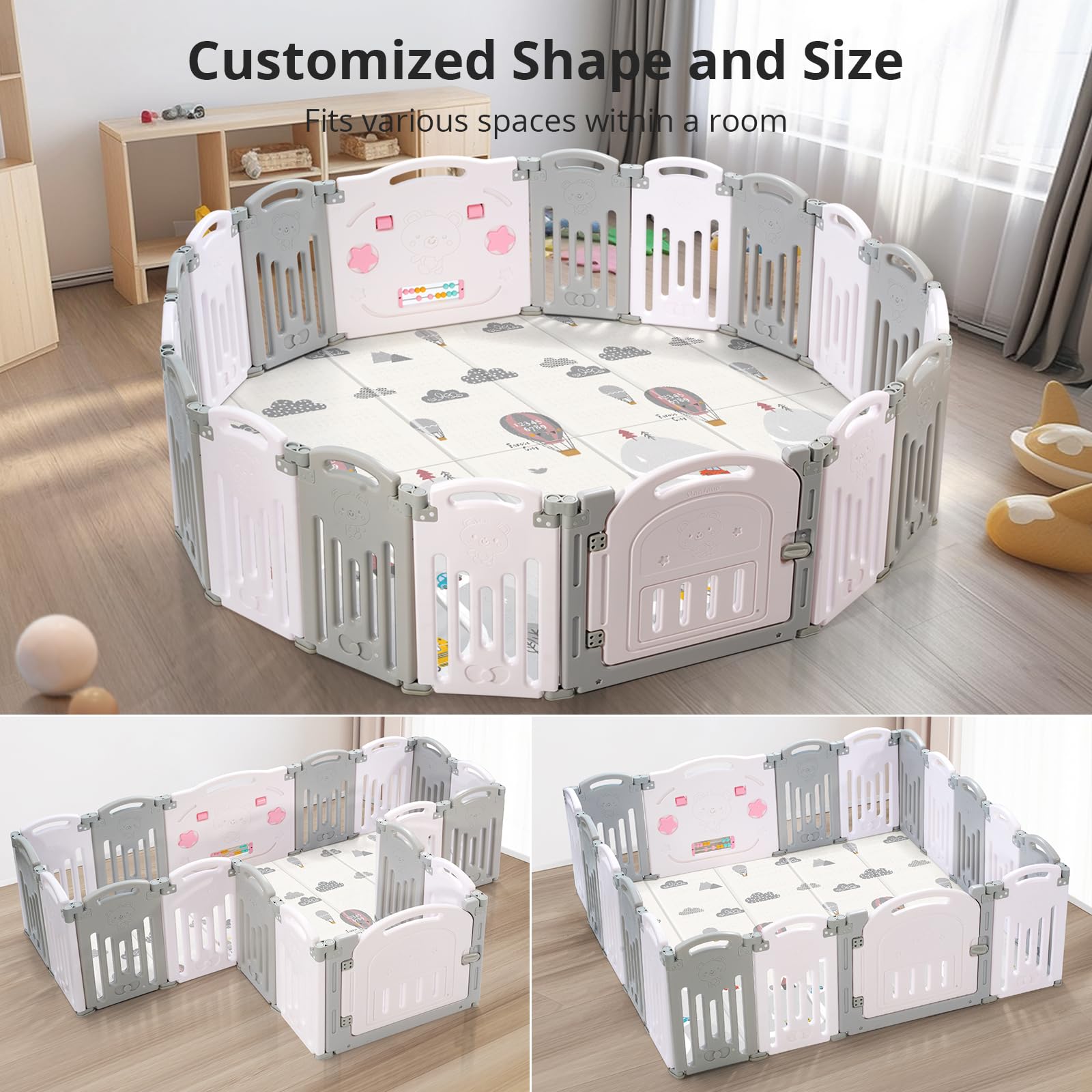 Uanlauo Baby Playpen, 18 Panel Foldable Play Yard for Toddlers, Easy Assemble Safety Baby Fence (Grey+White)