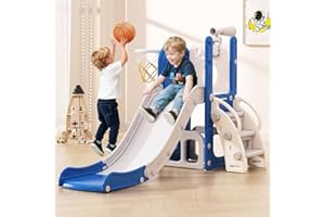 Babytronic Toddler Slide, 6 in 1 Kids Indoor Slide for Toddlers 1-3, Baby Indoor and Outdoor Climber Playset, Kids Slide with Basketball Hoop and Telescope, Toddler Outdoor Playground (Blue&Gray)
