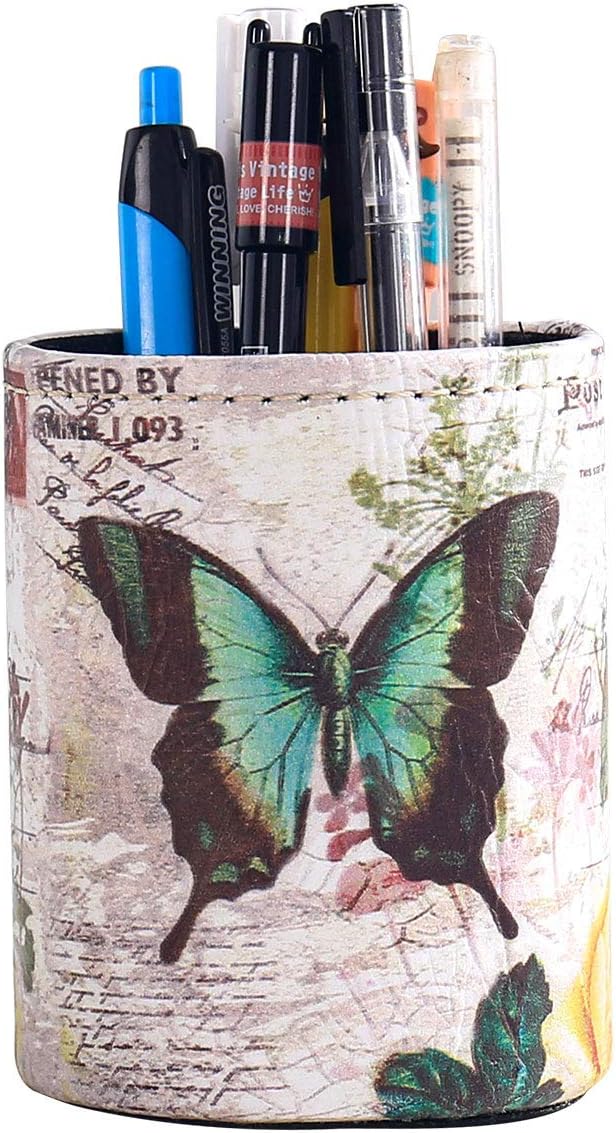 Pen Pencil Holder, Floral Flower Pattern Pen Cup Container PU Leather Desk Organizer Stand Decor Brush Scissor Holder Desk Organizer Decoration for Office Desk Home Decorative (3.1X4.1in(PG-7))