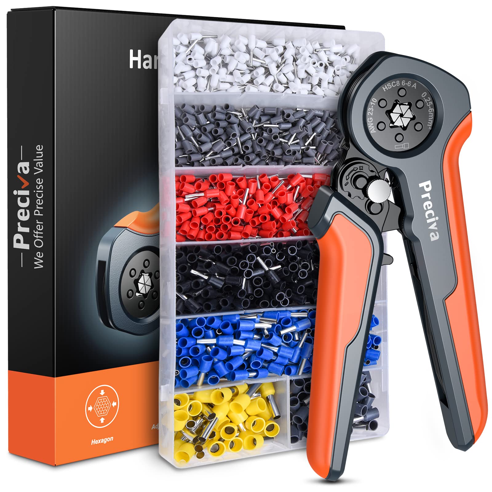 Ferrule Crimping Tool, Preciva 0.25-6mm²/AWG23-10 Crimper with 1200pcs ferrules, ABS Wrapped Shell, Hexagonal Crimping Tool with Ratchet Mechanism, Premium HSC8 Steel