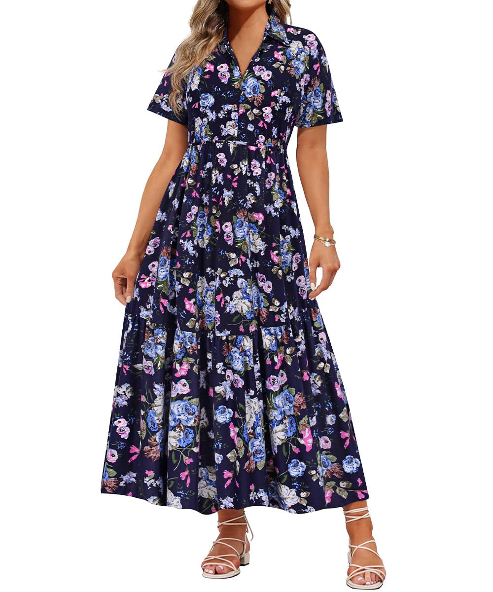 Photo 1 of RITERA Plus Size Dress for Curvy Women Short Sleeve Button Up Floral Collared Beach A Line Flowy Casual Summer Black Blue Elegant Cocktail Wedding Guest Boho Maxi Dresses with Pockets XL 16W 18W