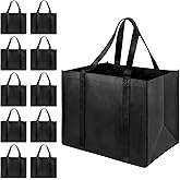 LadyRosian 10 Pack Heavy Duty Kitchen Reusable Grocery Bags, Durable XL Shopping Tote with Handle Can Hold 45+lbs, Stands Upright, Foldable & Washable (Black)