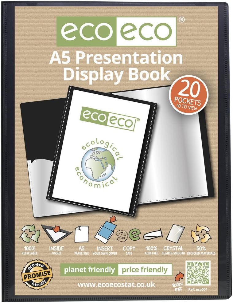 eco-eco A5 50% Recycled 20 Pocket Presentation Display Book- Sustainable Portfolio Folder for Artwork,Certificates, Documents