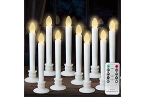CelebrationLight 10 Pack Flameless Taper Candles with Remote/Timer, Battery Operated Flickering LED Window Candles, Vintage Christmas Electric Fake Candlesticks, White Holder